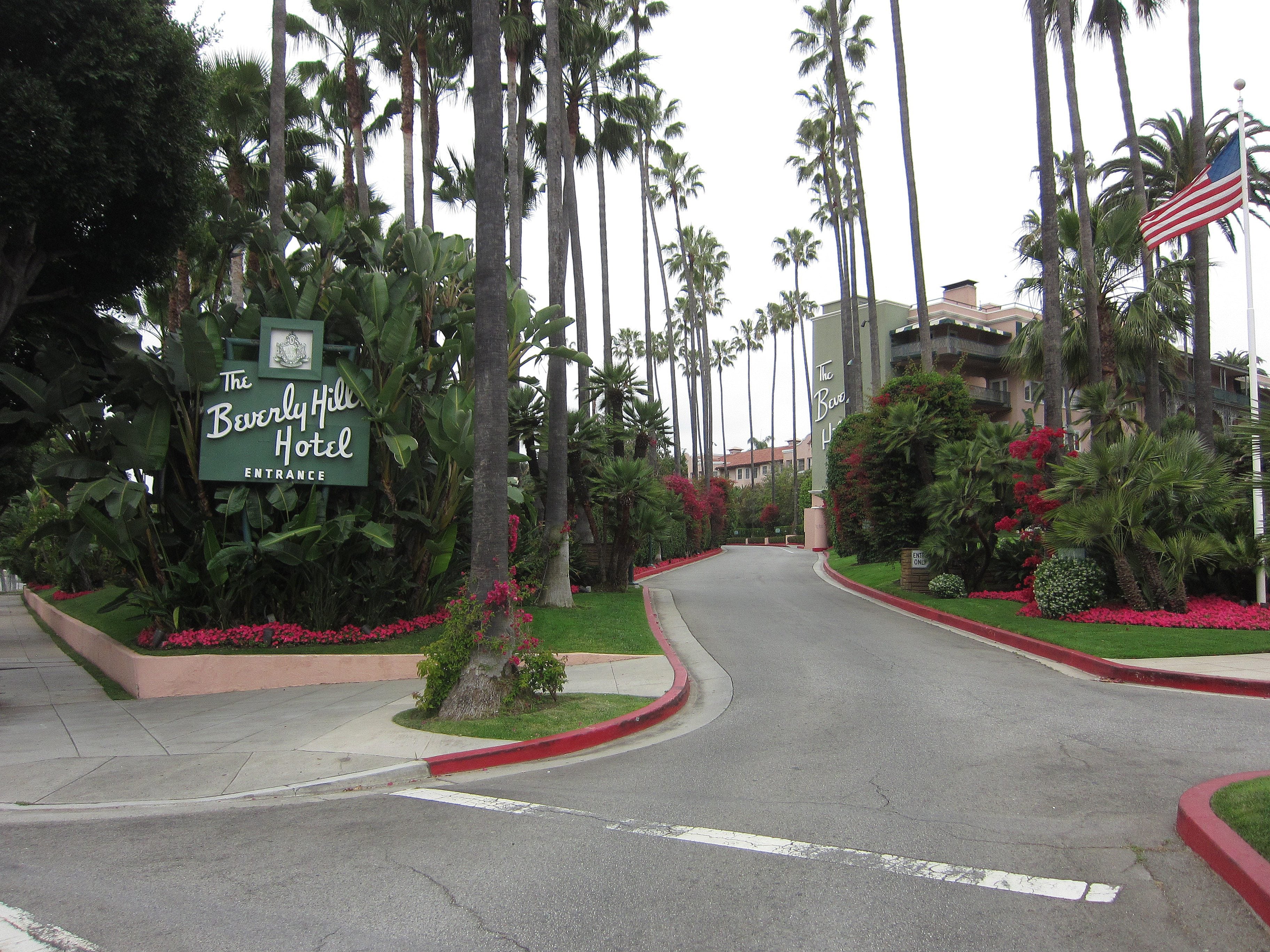 The Beverly Hills Hotel sign and palm-lined driveway on Sunset Boulevard