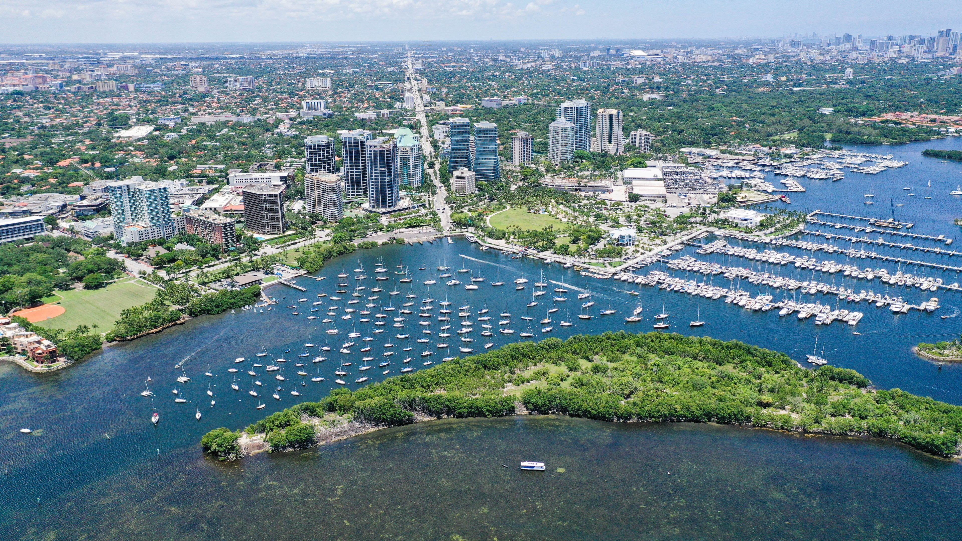 Aerial view of Coconut Grove, Dinner Key marinas and Biscayne Bay