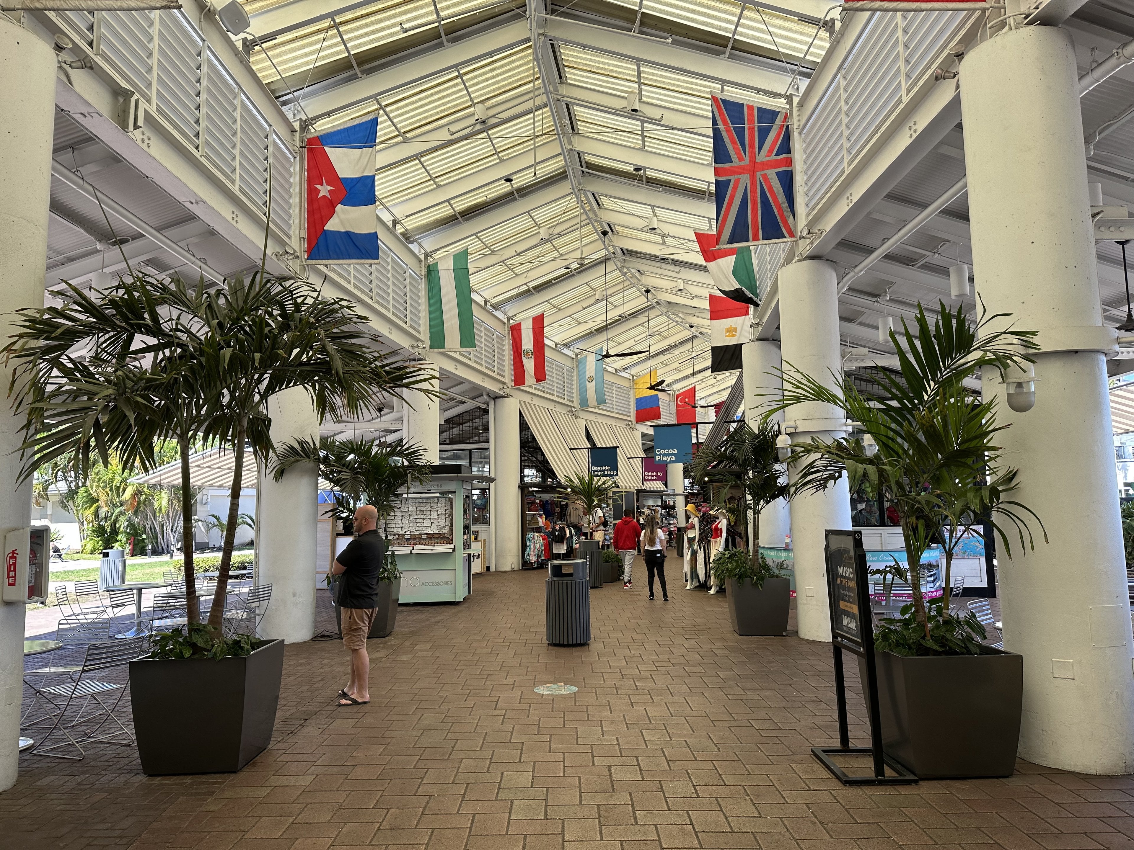 Flags over the open-air walkway at Bayside Marketplace