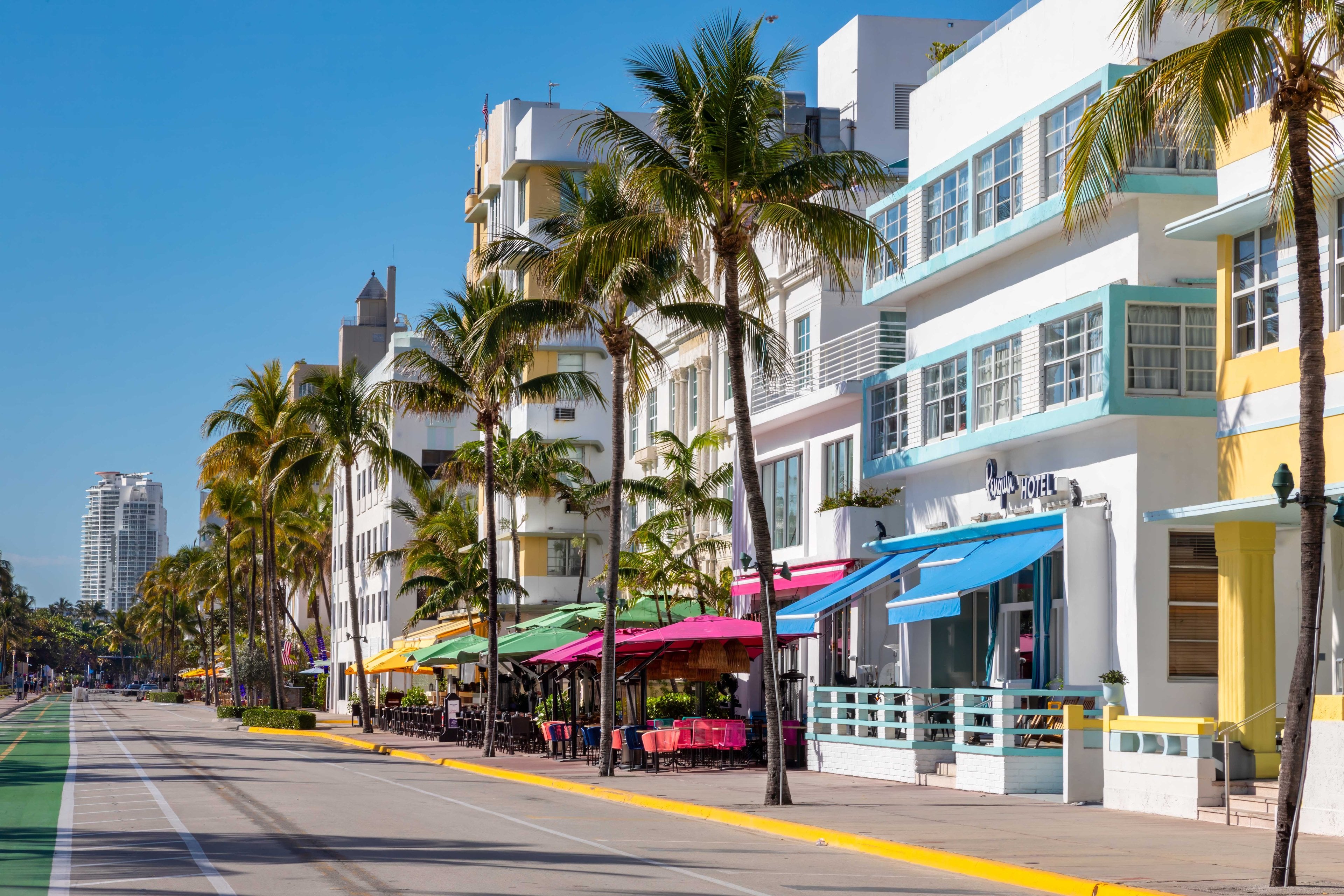 Art Deco hotels and palms along Ocean Drive, South Beach