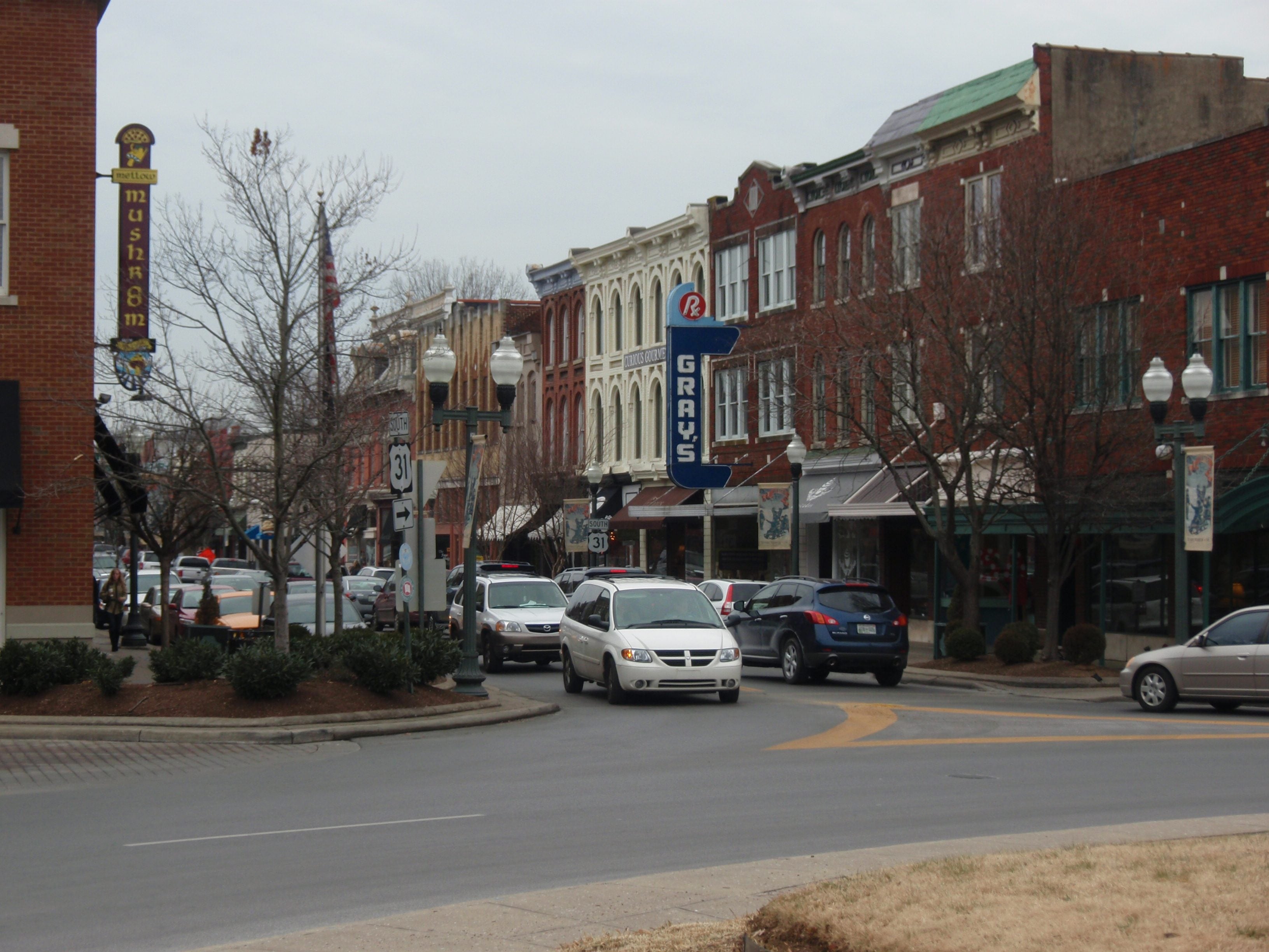 Brick storefronts in Franklin's historic district