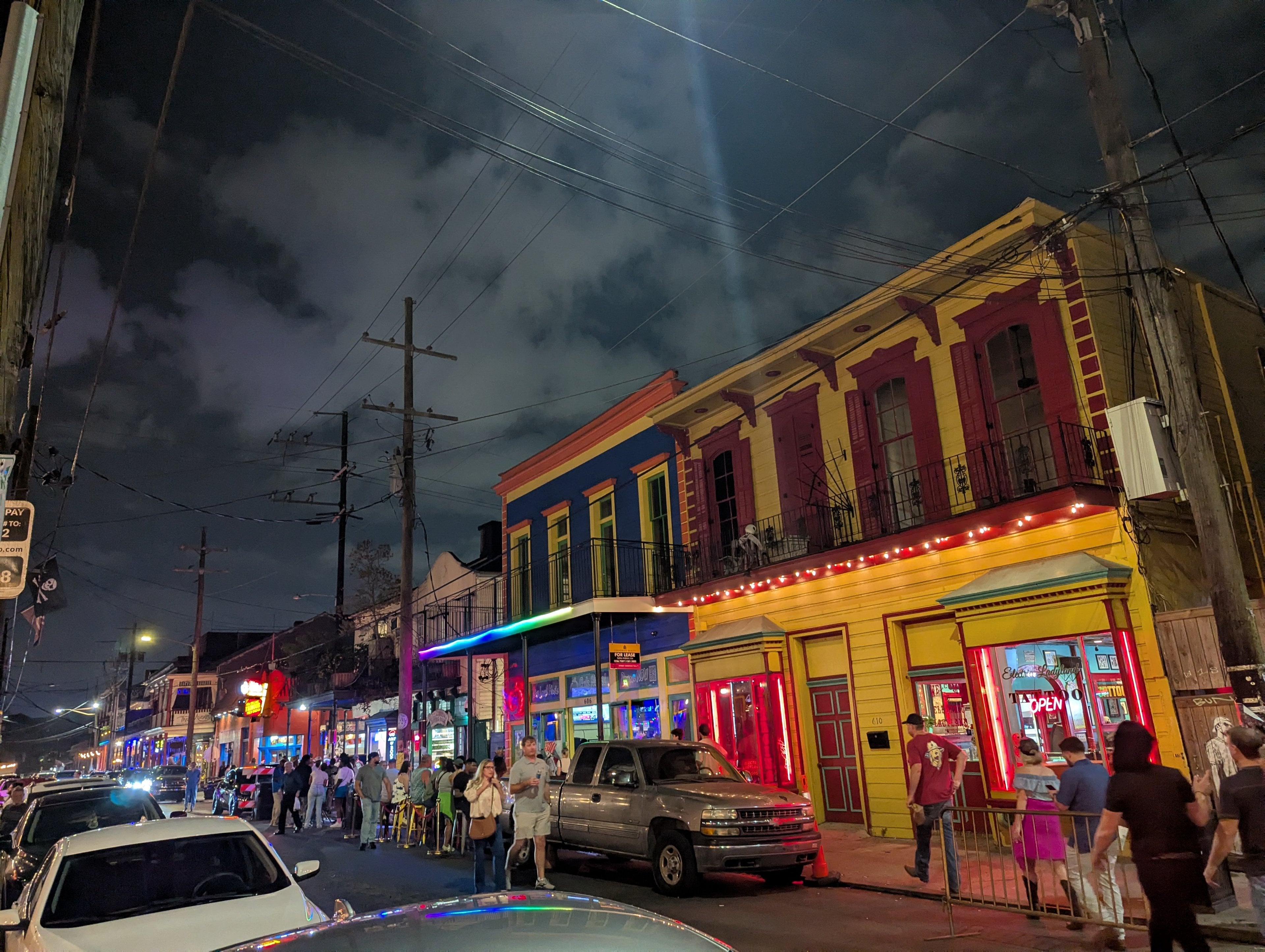 Frenchmen Street's 600 block lit up at night