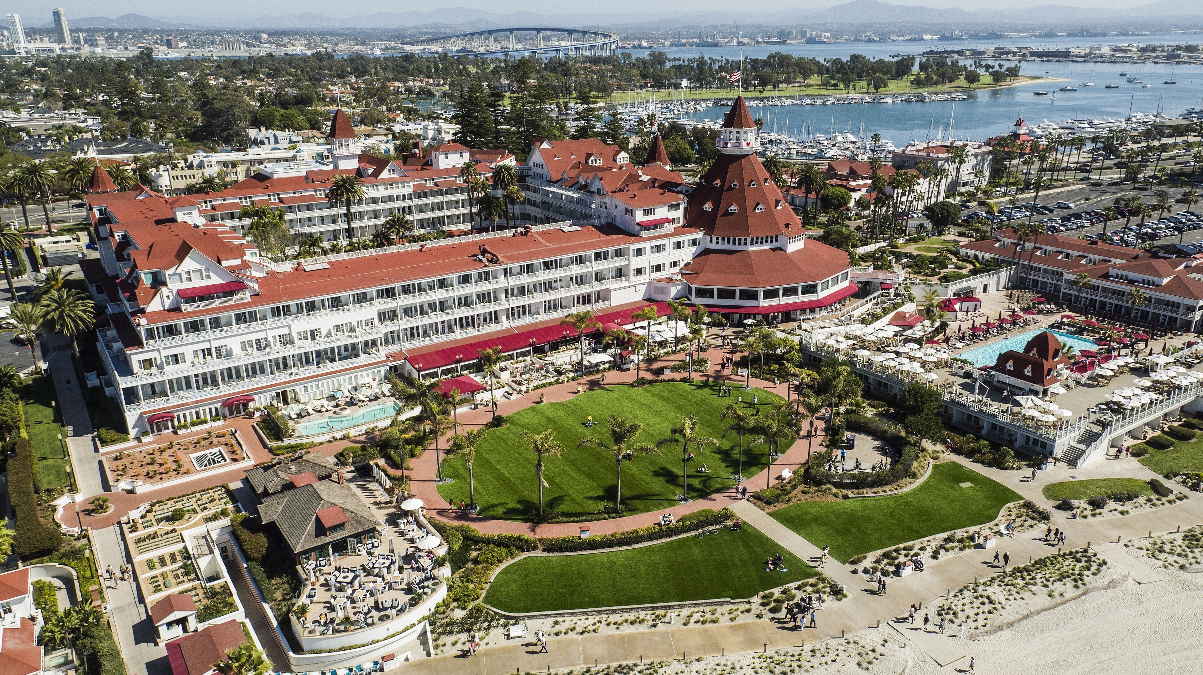 Aerial view of the Hotel del Coronado and its red turrets