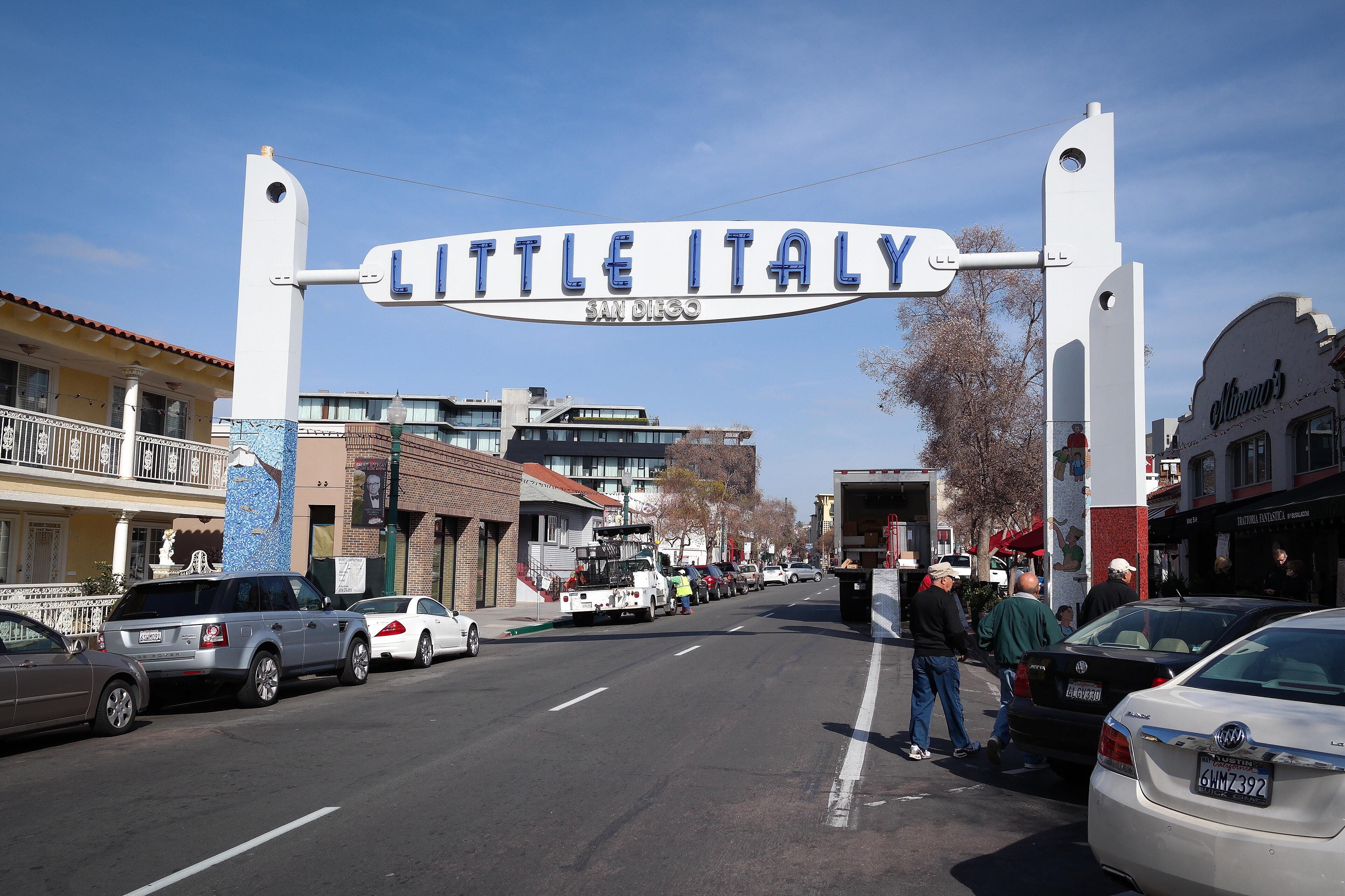 The Little Italy sign arching over India Street