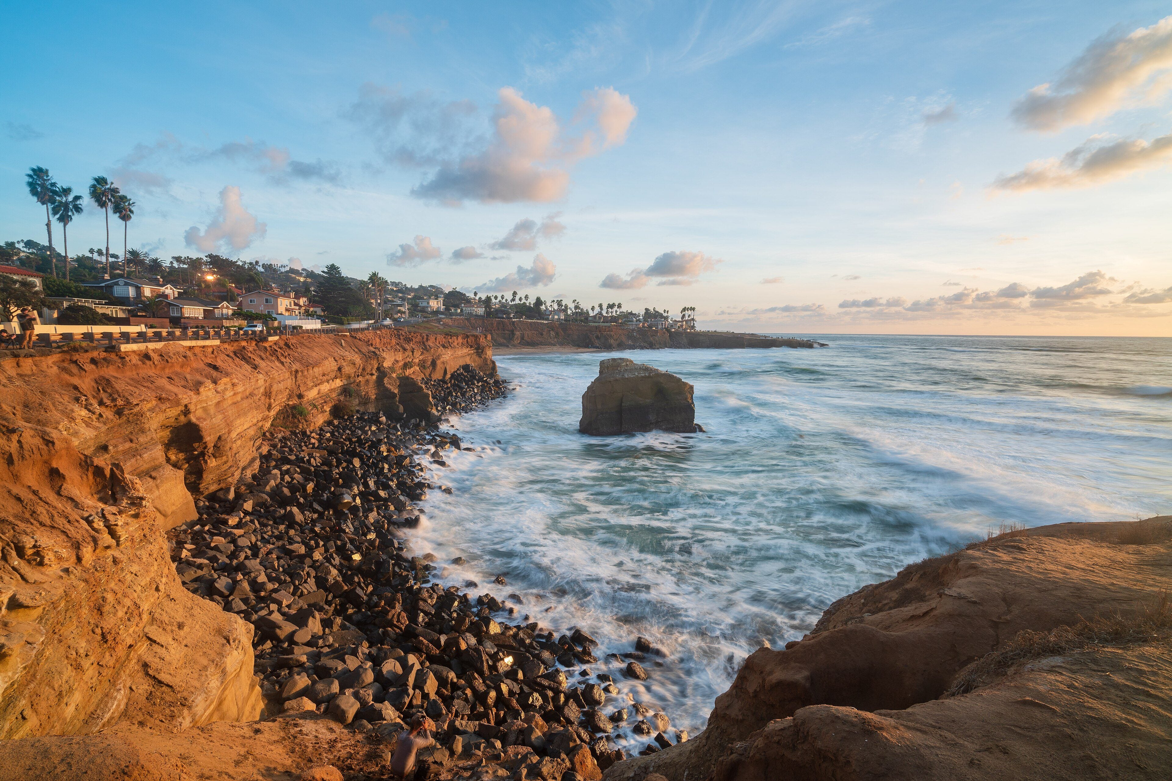 Sandstone bluffs at Sunset Cliffs Natural Park at sunset