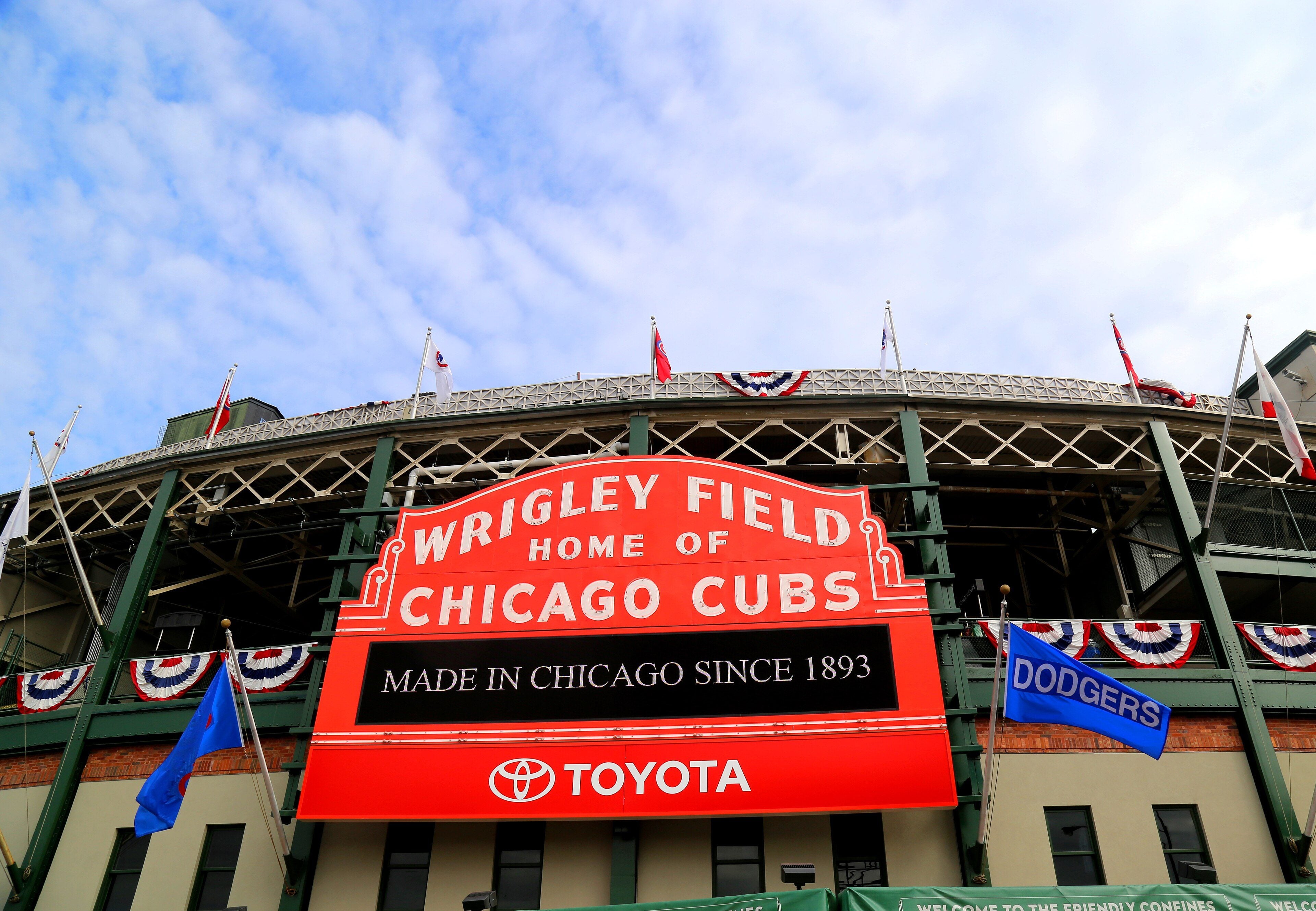 The red Wrigley Field marquee at Clark and Addison