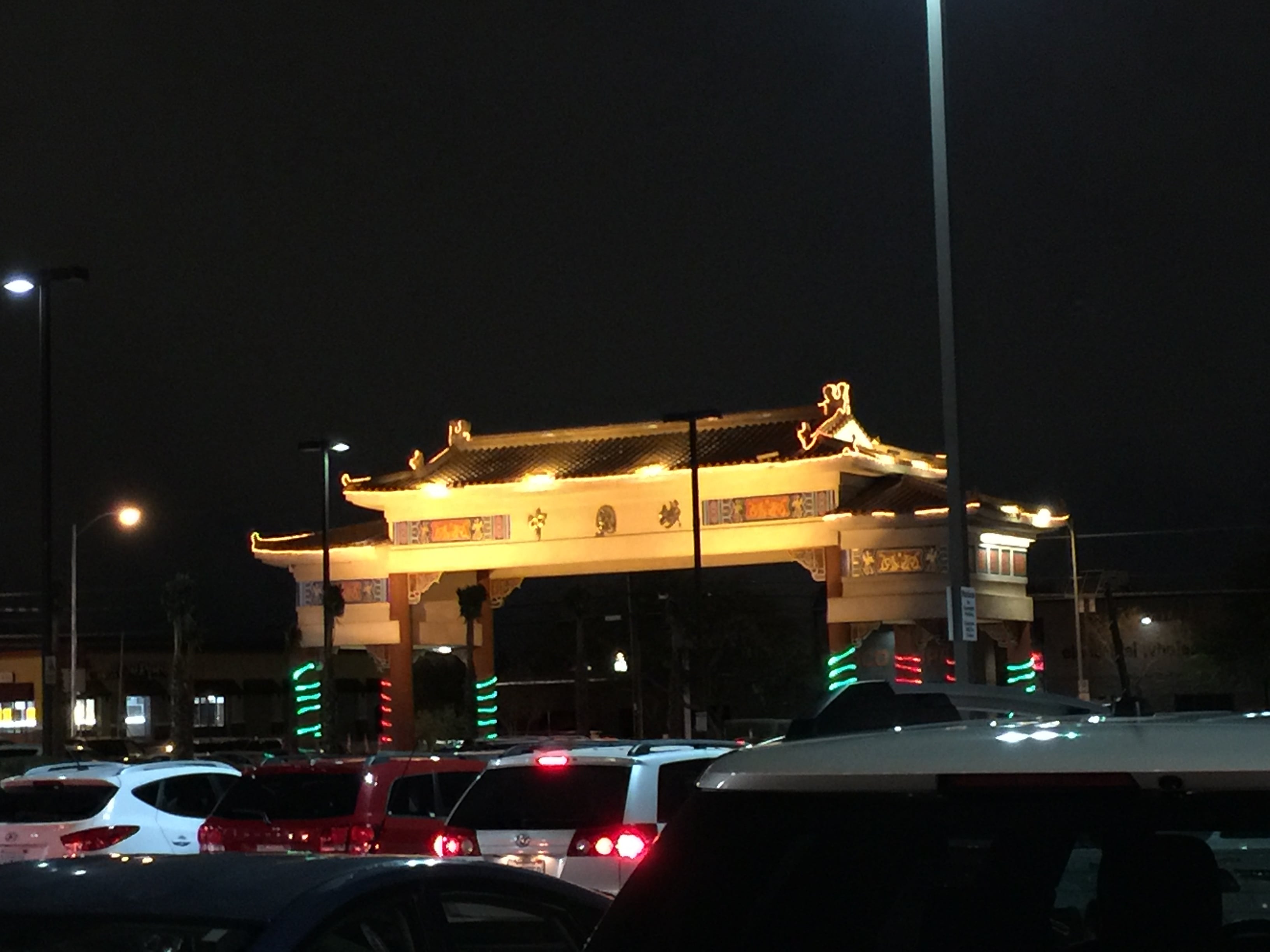 Chinatown Plaza paifang (Chinese gate) lit at night on Spring Mountain Road, Las Vegas Chinatown