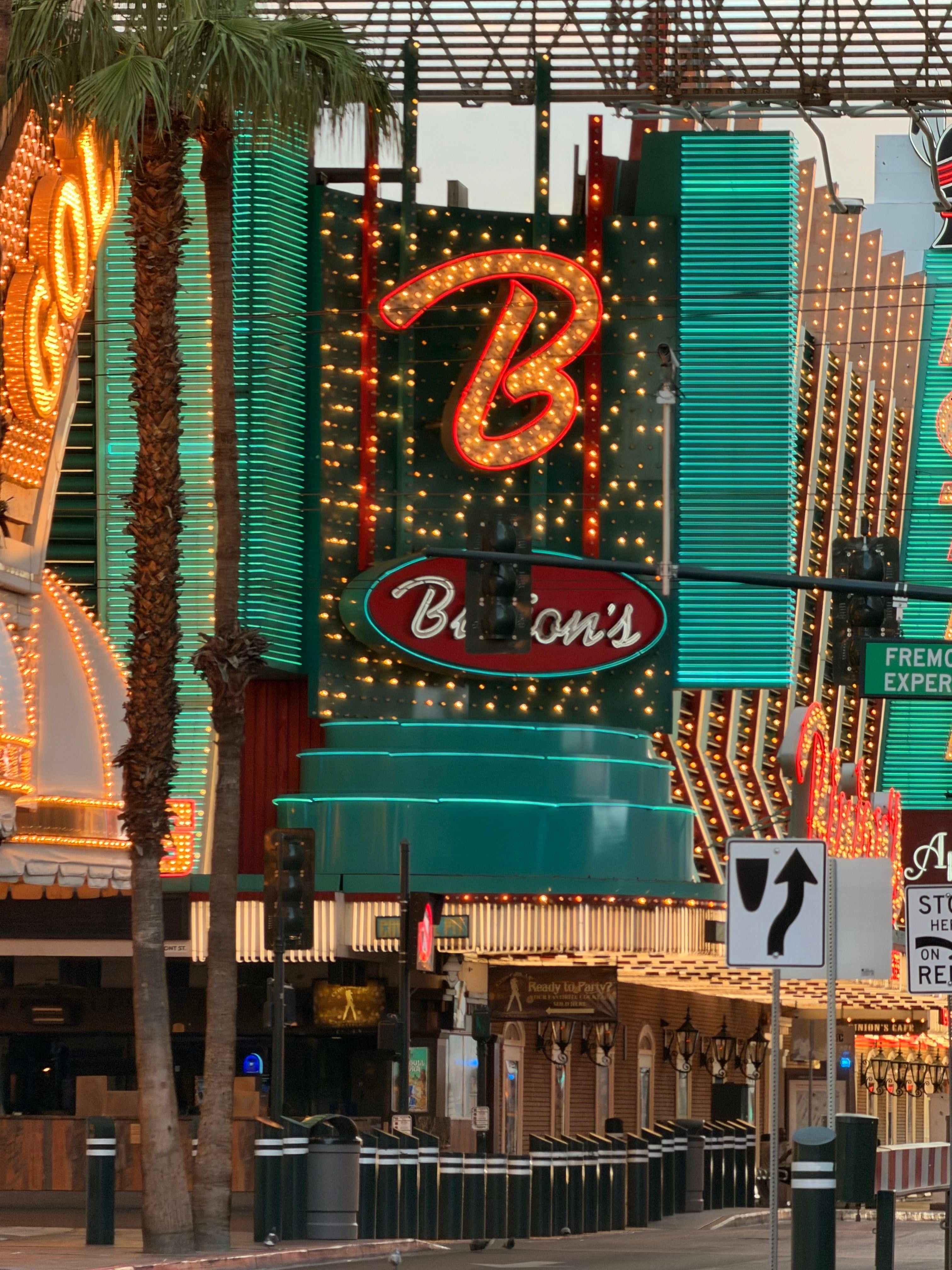 Binion's neon signage on Fremont Street at dusk