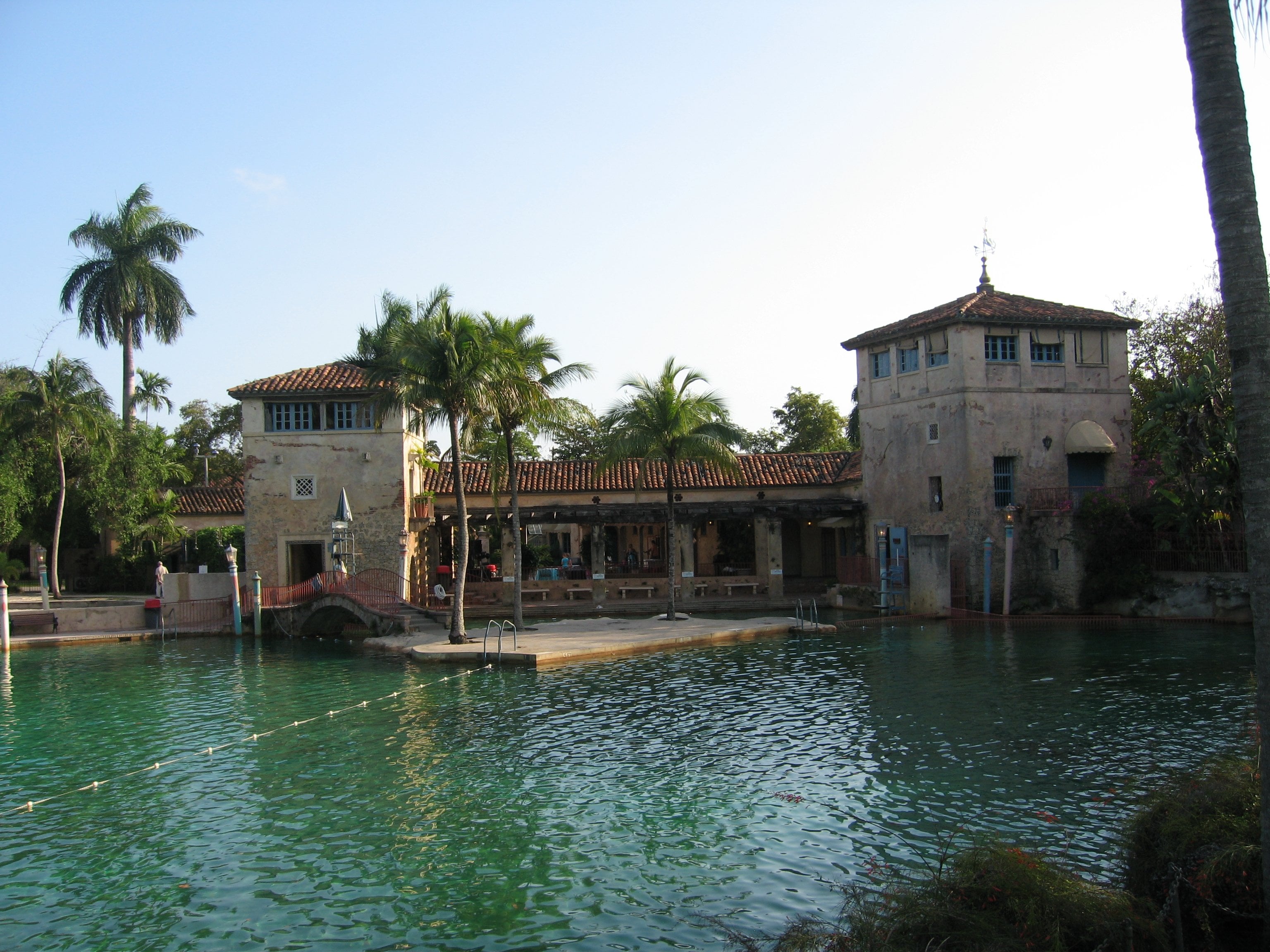 Venetian Pool and its coral-rock towers in Coral Gables