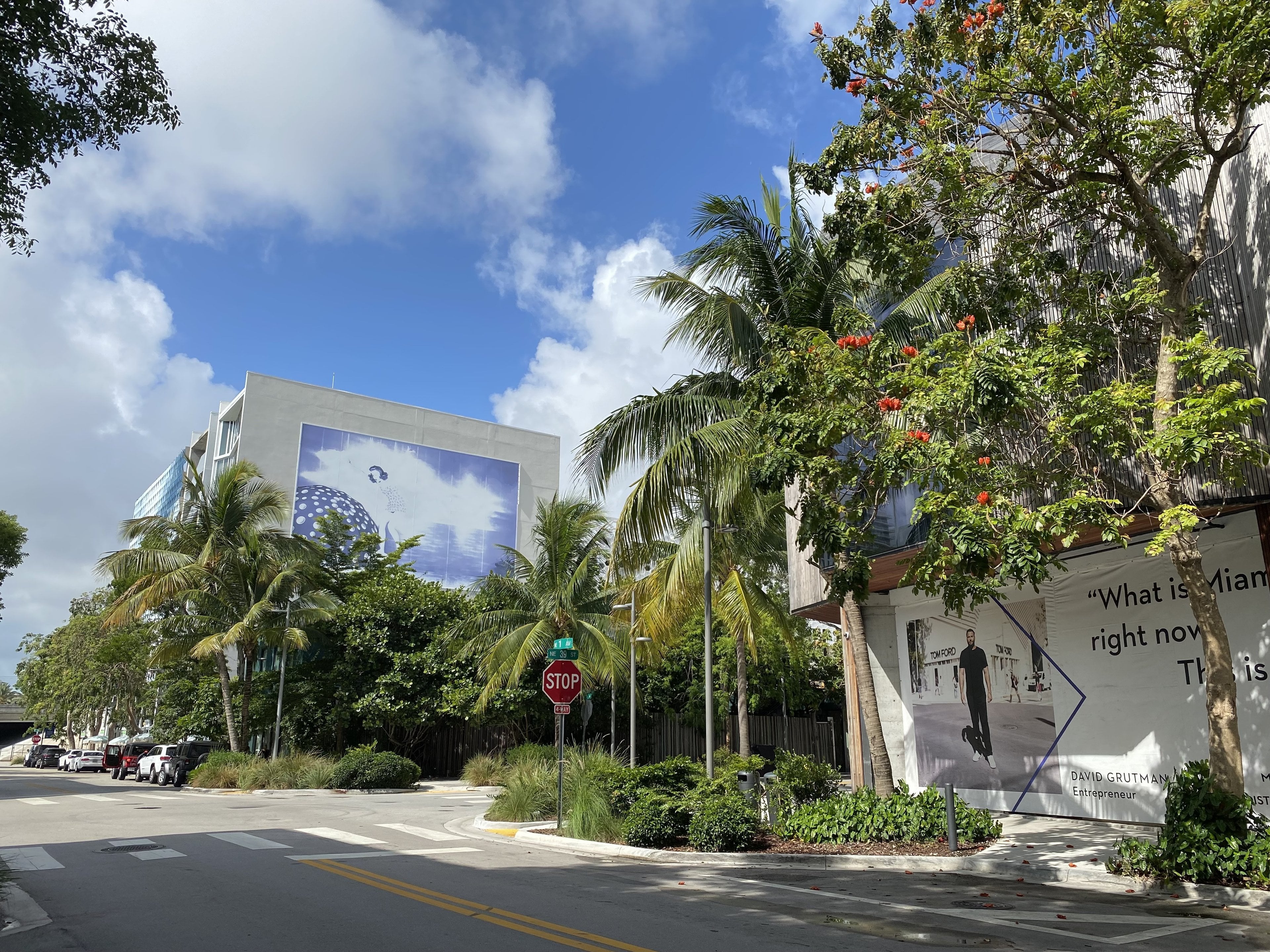 Palm-lined street and public art in the Miami Design District