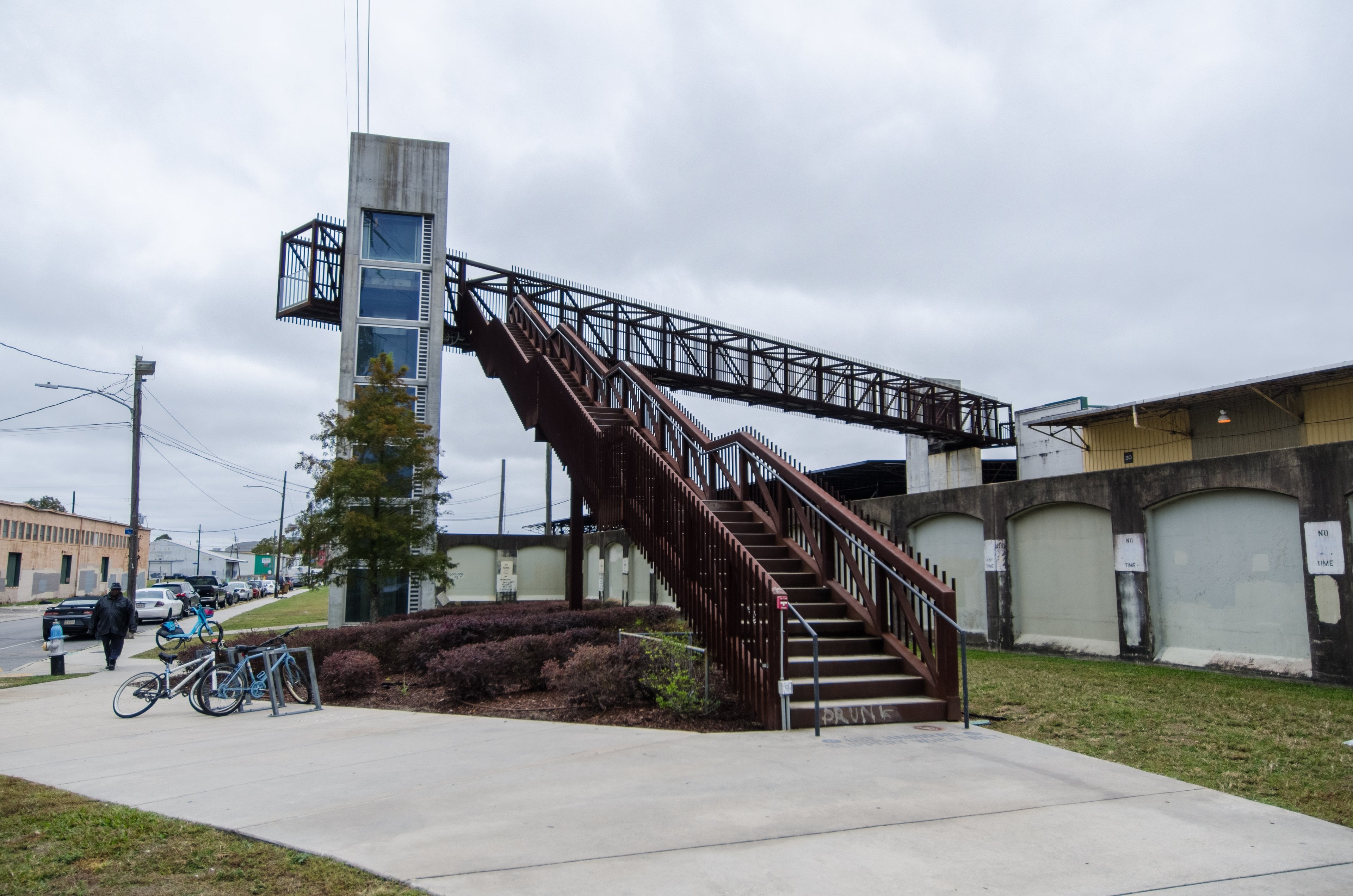 The steel stair bridge into Crescent Park in Bywater