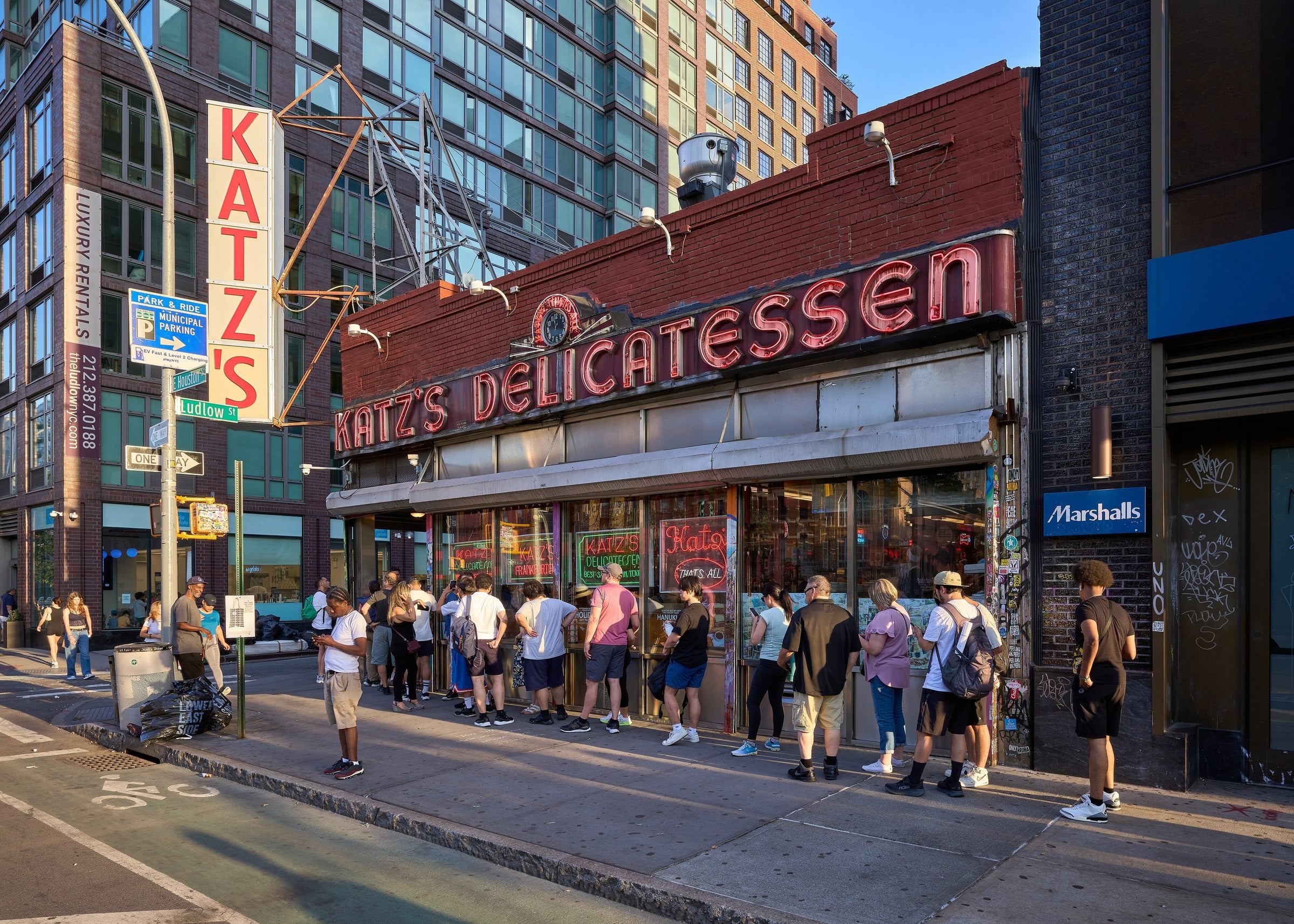 Katz's Delicatessen red neon signs on East Houston Street