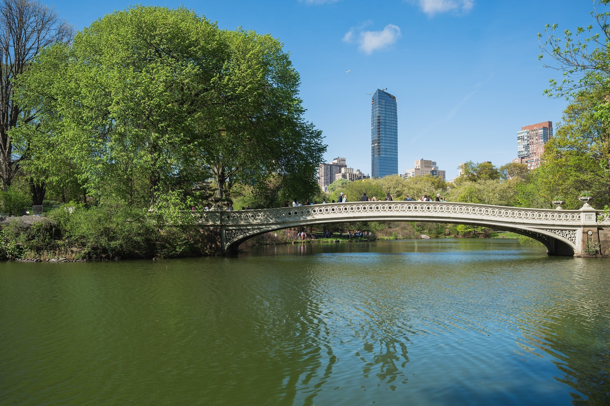 Bow Bridge over the Lake in Central Park with Central Park South towers behind
