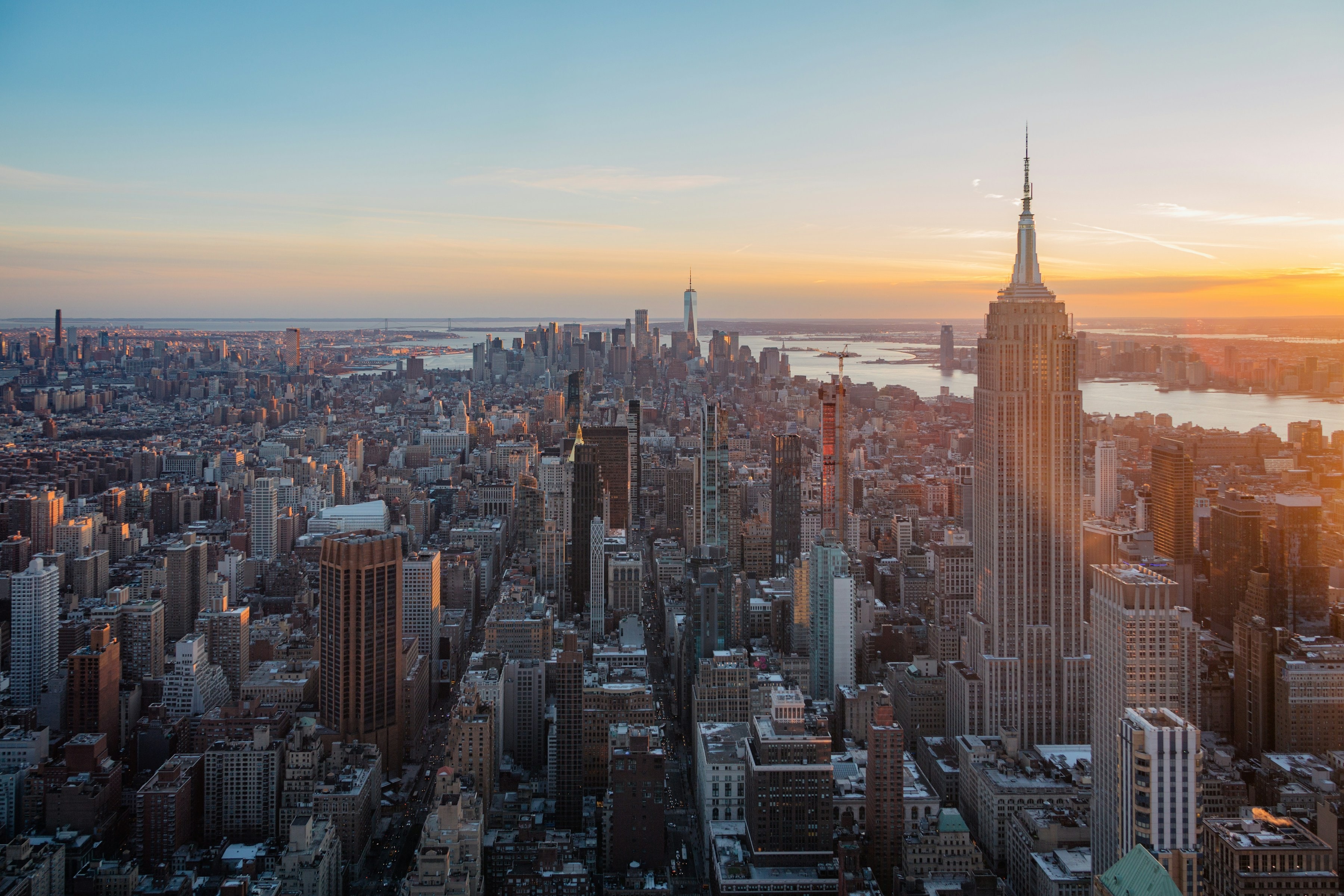 Empire State Building at sunset above Midtown, looking south to Lower Manhattan