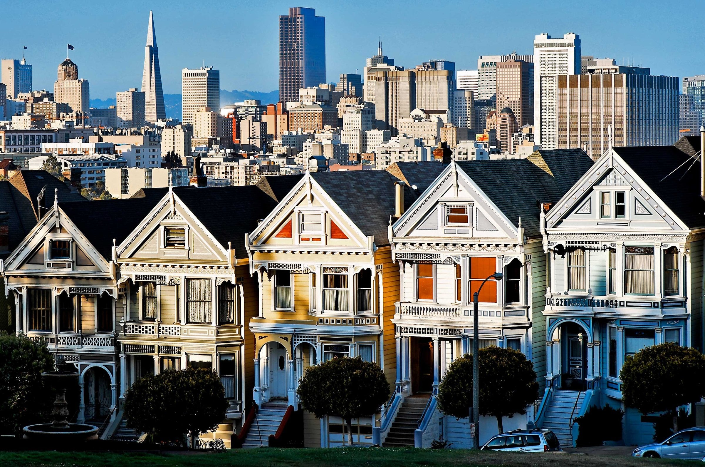 Painted Ladies on Steiner St at Alamo Square with skyline