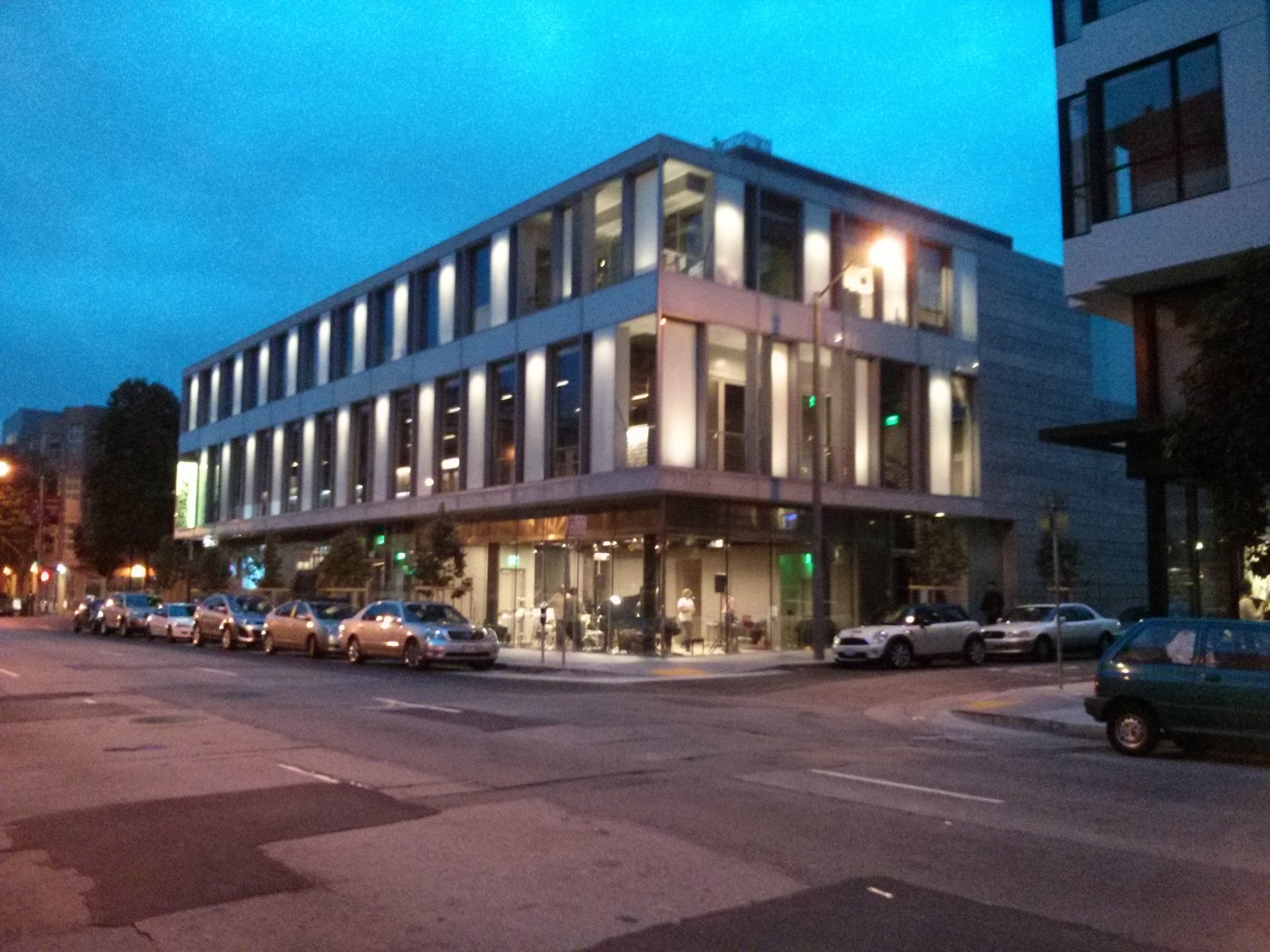 SFJAZZ Center on Franklin St in Hayes Valley at dusk