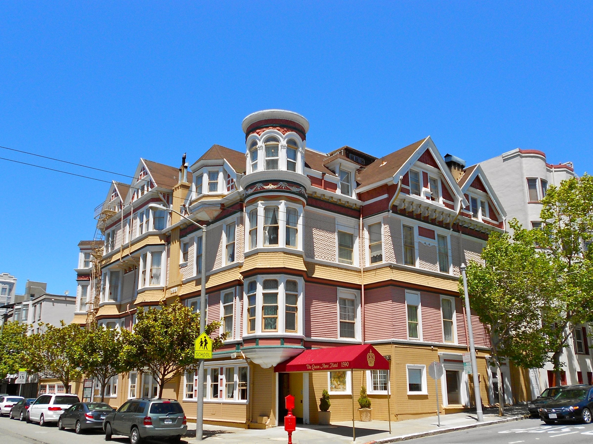 The Queen Anne Hotel, a Victorian building at Sutter and Octavia streets