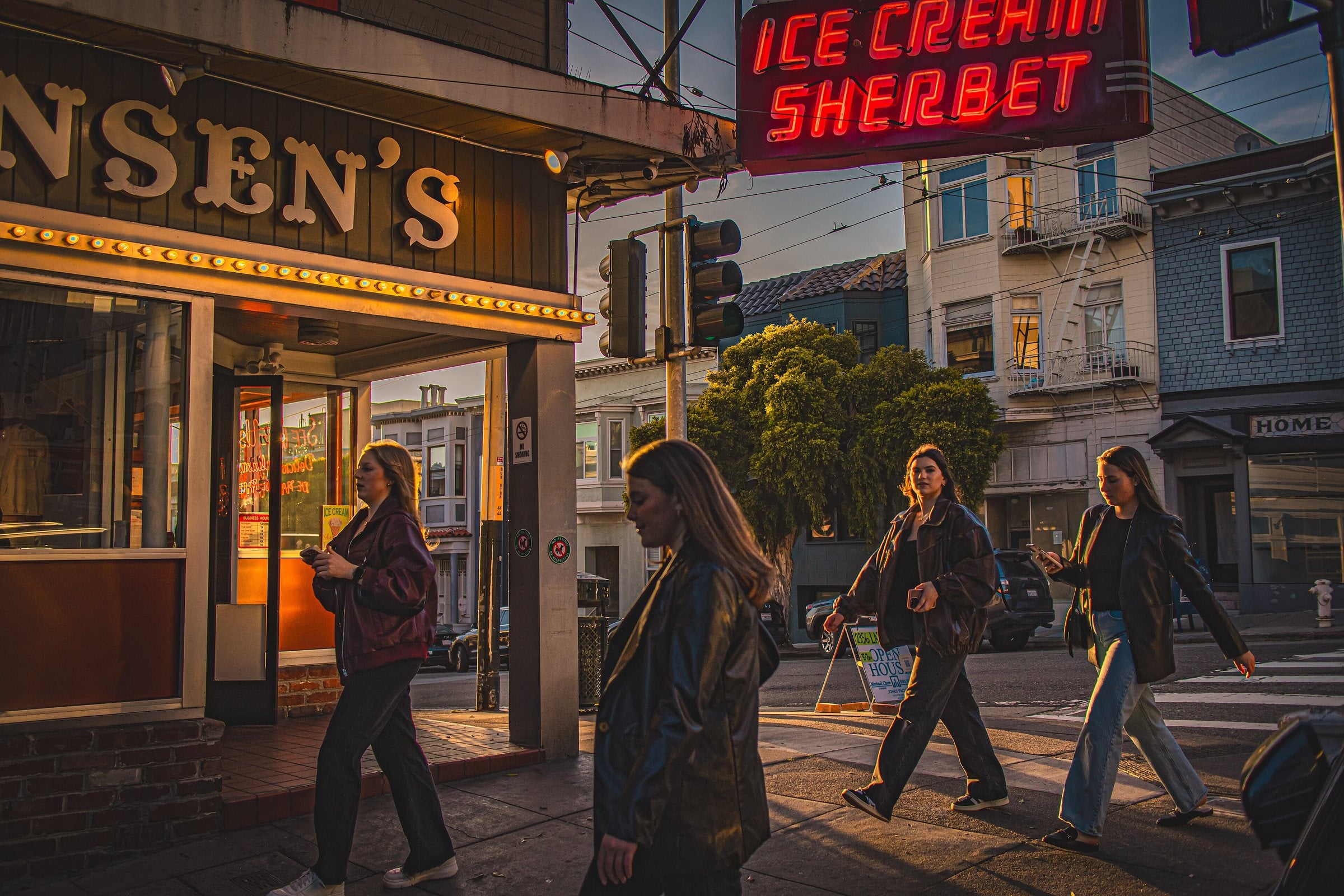 Swensen's Ice Cream at Hyde and Union at golden hour, with its red ICE CREAM SHERBET neon sign
