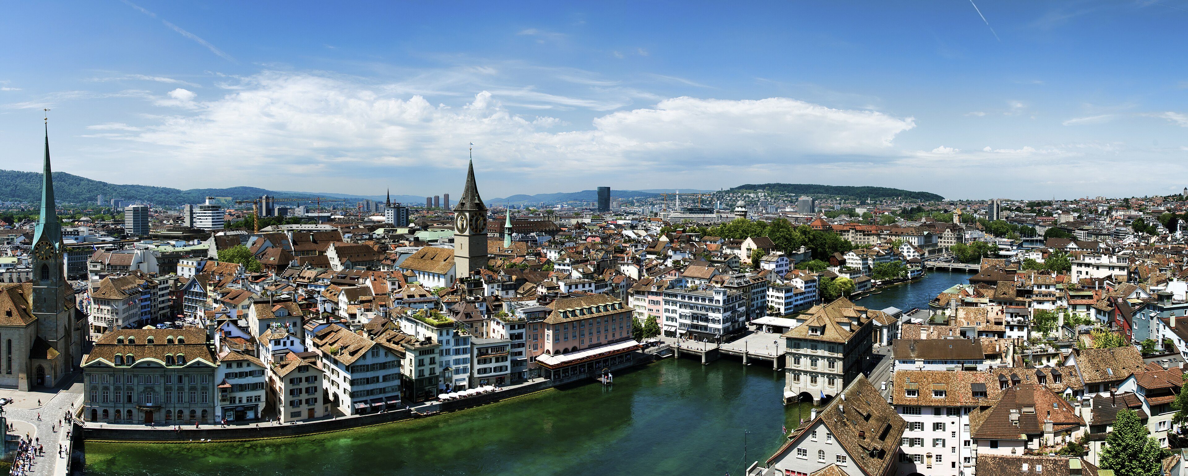 Zurich's old town on both banks of the Limmat, with the Grossmünster towers